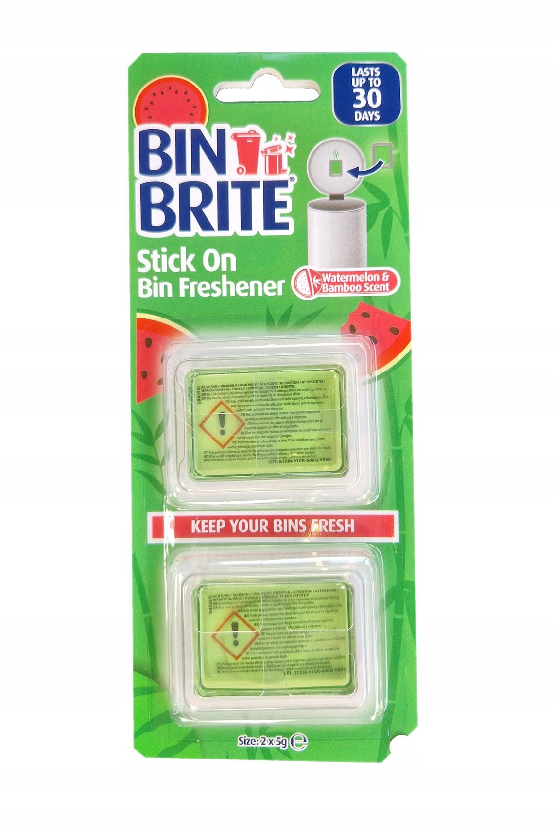 Bin Brite Stick-On Désodorisant pour Poubelle – Pastèque & Bambou | Gardez votre poubelle fraîche jusqu'à 30 jours | Désodorisant pour poubelles