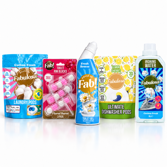 Fabulosa Complete Home Routine – 5-osainen setti pyykinpesuun, astianpesuun ja wc:n puhdistukseen