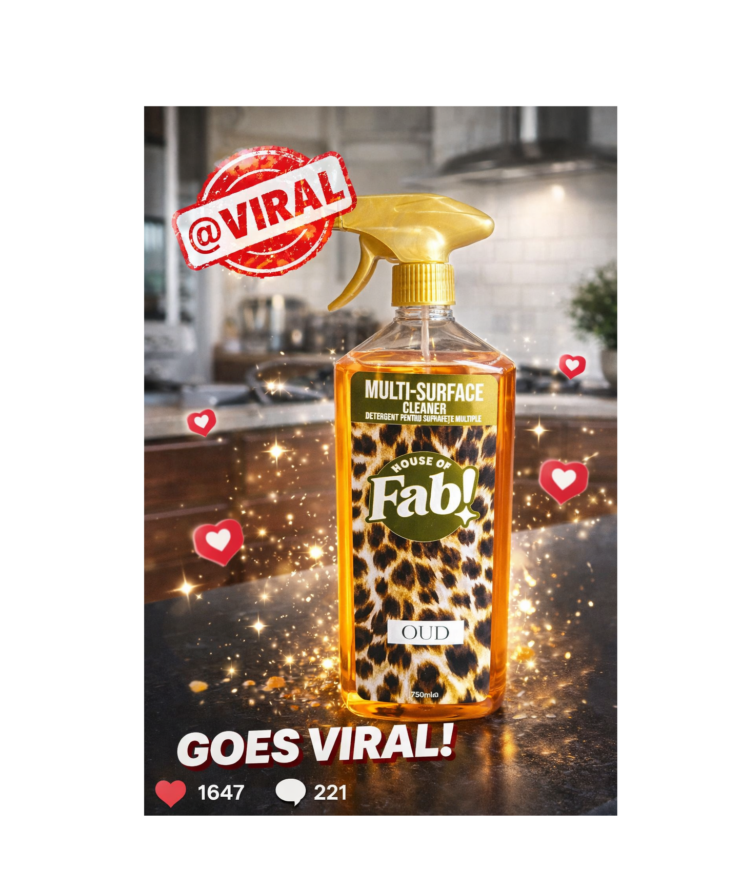 House of Fab Multi-Surface Cleaner Oud 750ml – Luxe Allesreiniger Spray met Intense Geur voor Keuken, Badkamer & Interieur